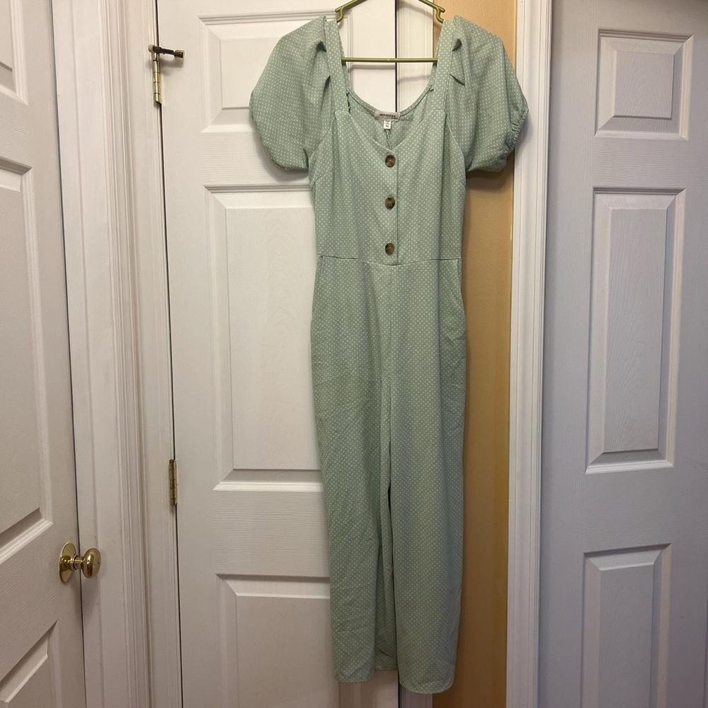 Monteau jumpsuit women's size M light green white polka dots cottage core